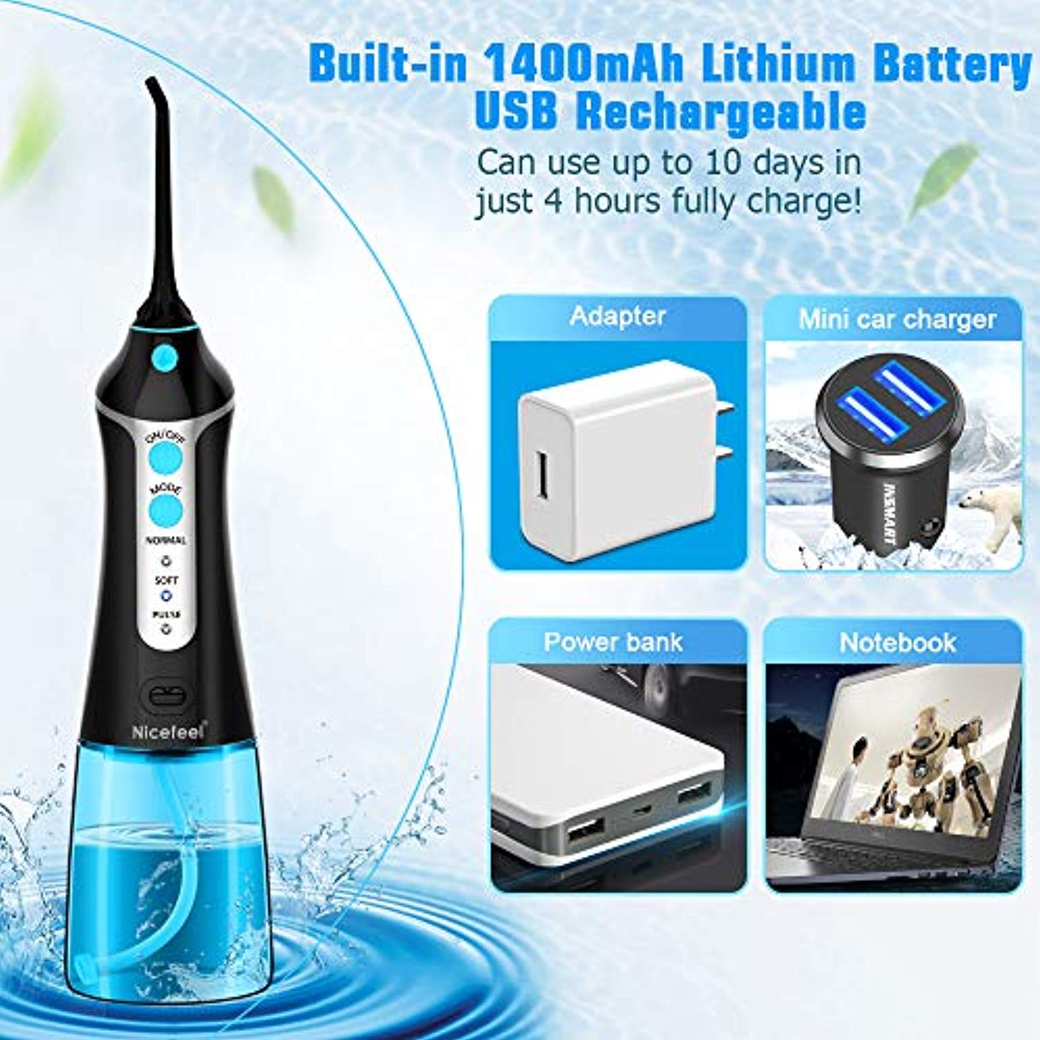 Water Flosser Oral Irrigator Teeth Cleaner for Travel - Nicefeel